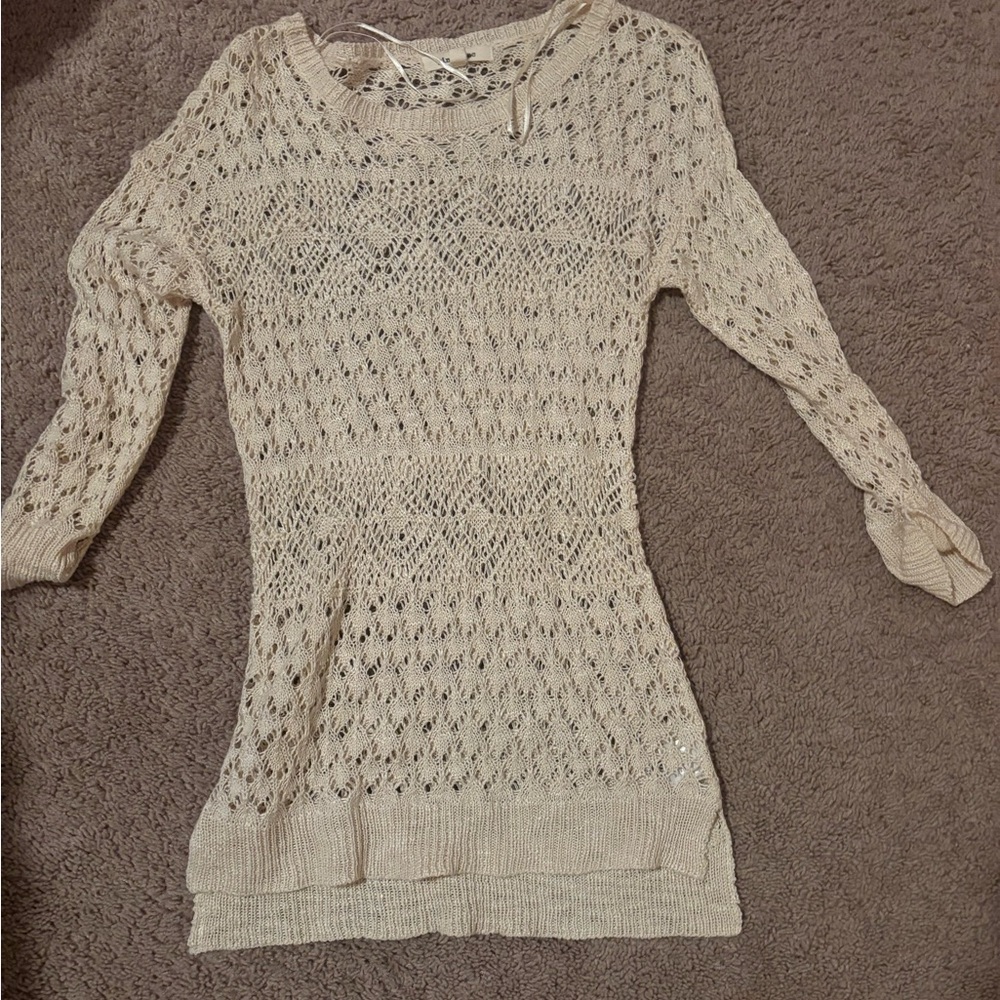 Pink Rose Cream Crew Neck Sweater with Intricate Open-Weave